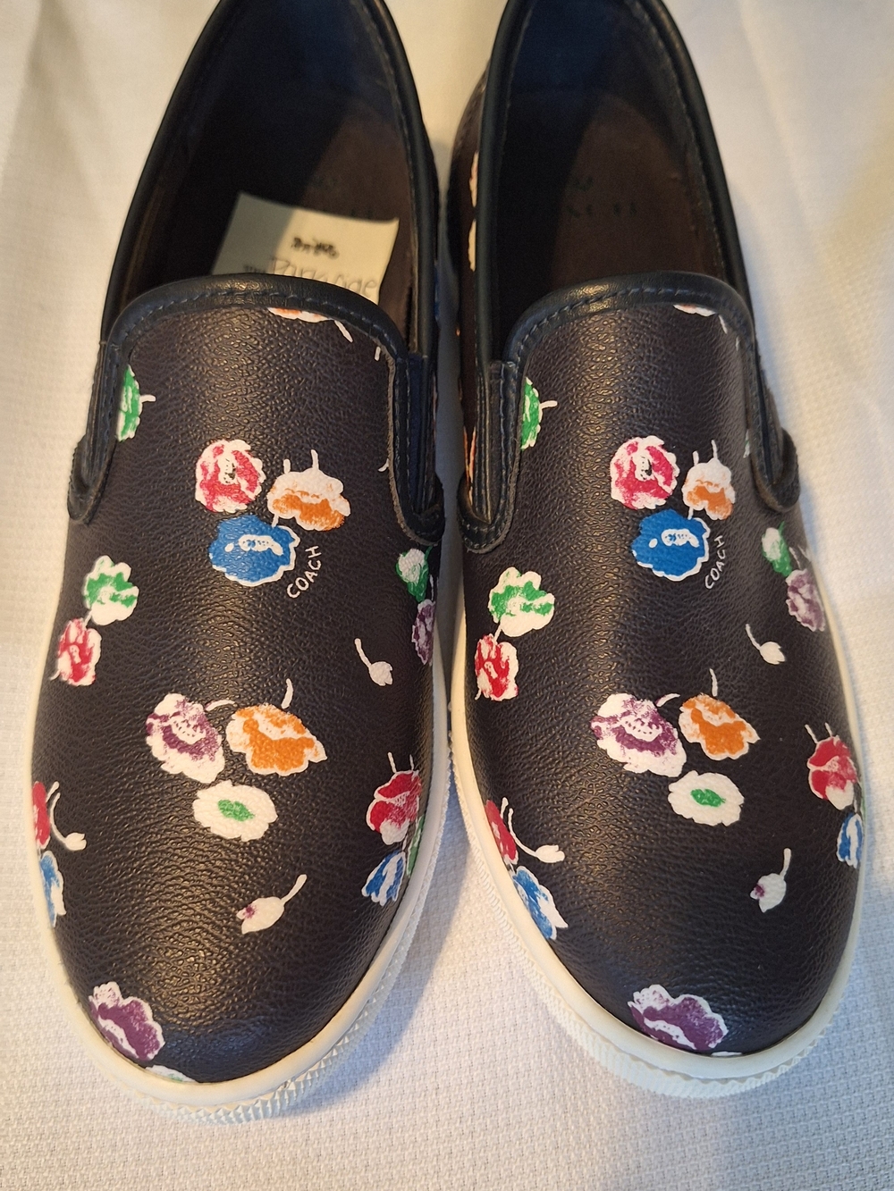 Coach Parkside Black Floral Tea Rose Leather Slip-On Sneakers | Loafers, Size 7